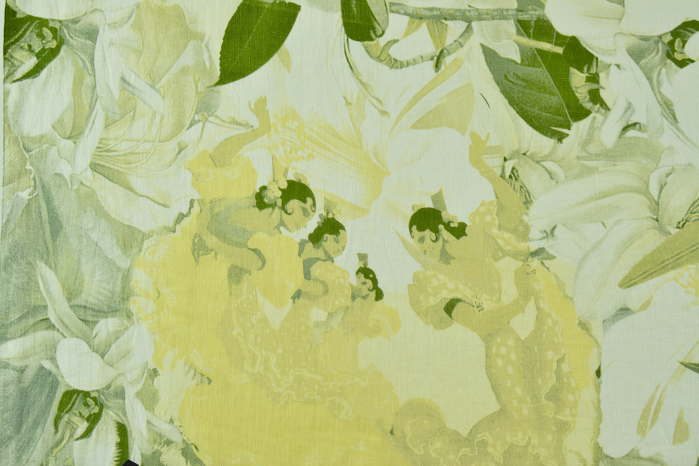 Puro lino panna stampa foglie e ballerine Puro lino panna stampa foglie e ballerine