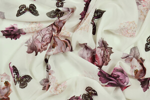 Georgette bianca fantasia rose e farfalle