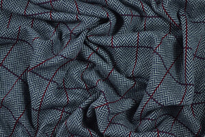 Punto Milano cotone stretch spigato blu con quadri bordeaux