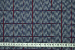Punto Milano cotone stretch spigato blu con quadri bordeaux