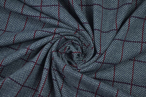 Punto Milano cotone stretch spigato blu con quadri bordeaux