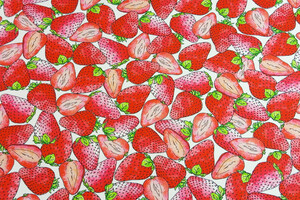 Popeline di cotone con stampa "fragole rosse" su fondo bianco