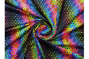 Jersey di poliestere stretch nero trippy circles arcobaleno