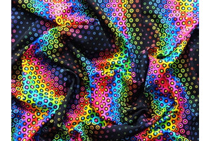 Jersey di poliestere stretch nero trippy circles arcobaleno