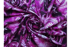 Jersey di poliestere stretch fantasia psichedelica viola e nero