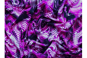 Jersey di poliestere stretch fantasia psichedelica viola e nero