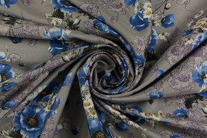 PONGÉ LEGGERO DI PURA SETA Fantasia Floreale sui Toni del Blu e Grigio