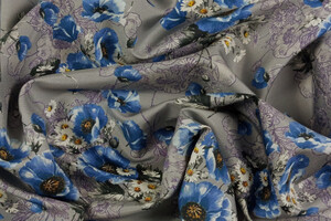 PONGÉ LEGGERO DI PURA SETA Fantasia Floreale sui Toni del Blu e Grigio